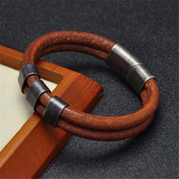 Cognac Bruine Dubbele Leren Heren Armband beschikbaar voor biedingen