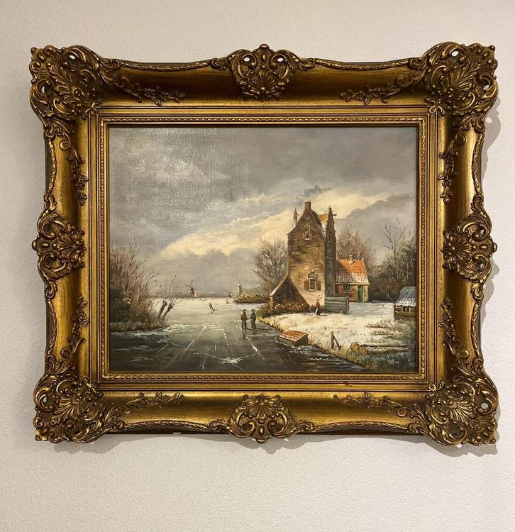 Schilderij winterlandschap in een mooie lijst. Dick van Dijk, Antiek en Kunst, Kunst | Schilderijen | Klassiek, Ophalen of Verzenden