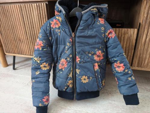 Warme winterjas meisje 104/110, blauw/bloemen omkeerbaar, Kinderen en Baby's, Kinderkleding | Maat 110, Zo goed als nieuw, Meisje