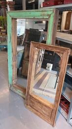 Grote turquoise rustieke antieke sloophout boothout spiegel, Ophalen of Verzenden, Rechthoekig, Minder dan 100 cm