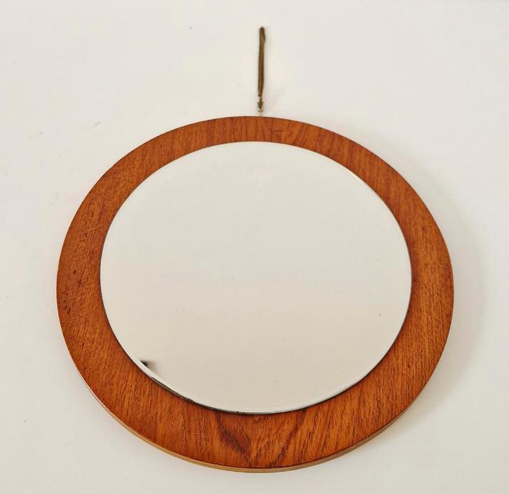 vintage spiegel vintage ronde spiegel teak fineer jaren 60, Verzamelen, Retro, Huis en Inrichting, Ophalen of Verzenden
