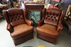 Bruin lederen gecapitonneerde oor fauteuil, Ophalen, Gebruikt, Chesterfield, 75 tot 100 cm