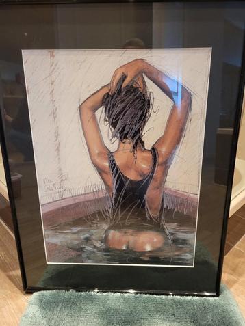 Ingelijste tekening van vrouw in bad - 82x61 cm beschikbaar voor biedingen
