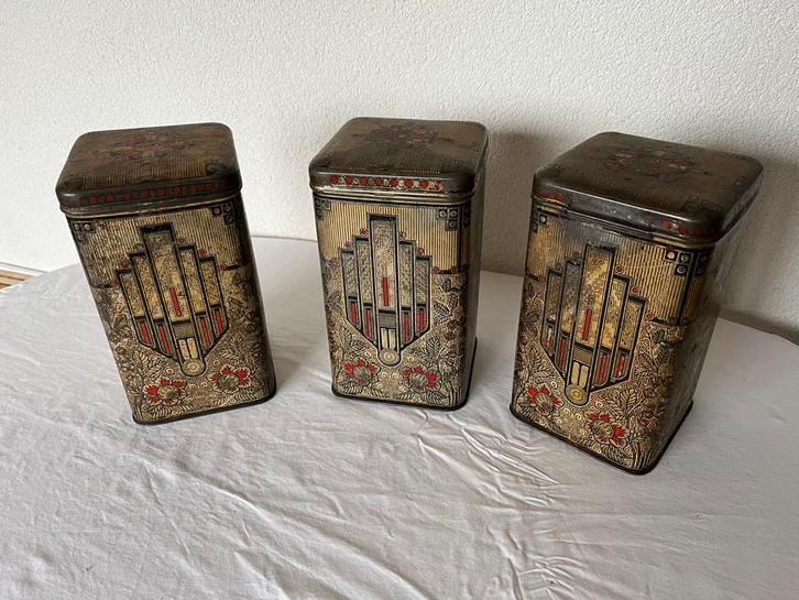Drie Art Deco Voorraadblikken Koffie Thee Suiker Blikken, Verzamelen, Blikken, Gebruikt, Overige, Ophalen of Verzenden