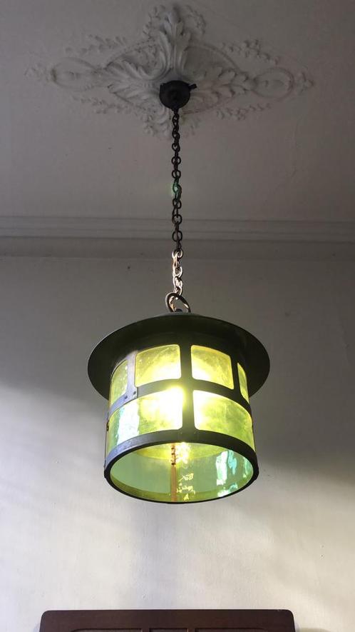 antieke koperen hallamp lantaarn Amsterdamse School Berlage?, Huis en Inrichting, Lampen | Hanglampen, Zo goed als nieuw, Glas