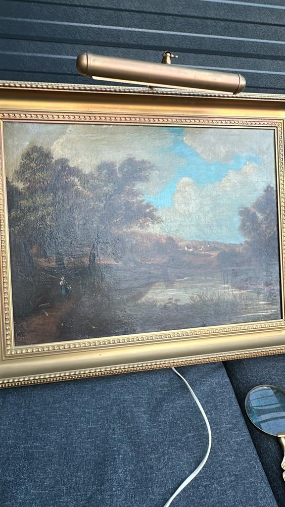 Schilderij met lamp, gesigneerd, Antiek en Kunst, Kunst | Schilderijen | Klassiek, Ophalen of Verzenden