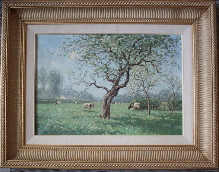Gerard Windt, voorjaar, koeien in wei. Olie/doek, Antiek en Kunst, Kunst | Schilderijen | Klassiek, Ophalen