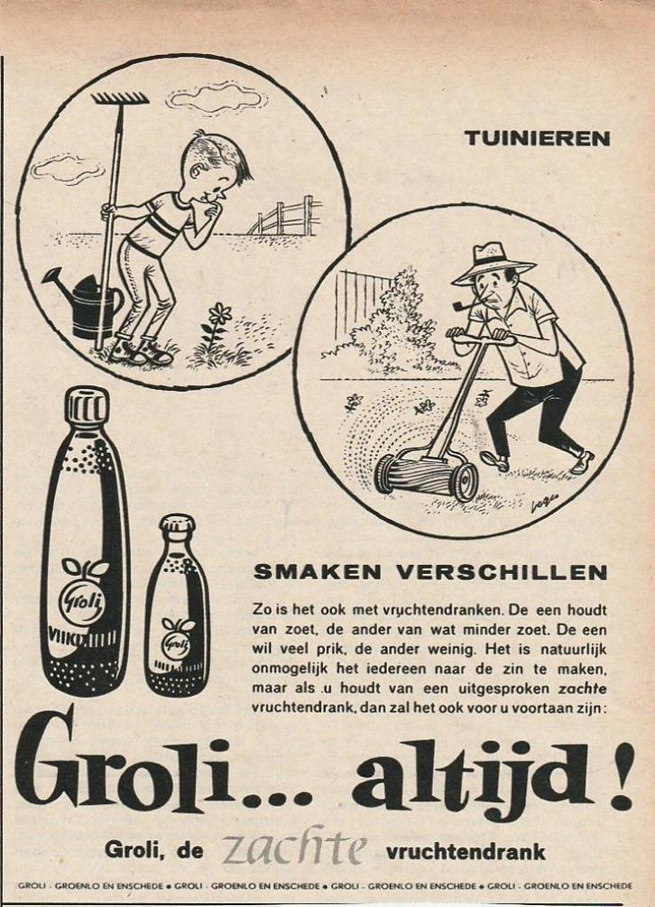 Retro reclame 1960 Groli frisdrank limonade voor tuiniers, Verzamelen, Retro, Overige typen, Verzenden
