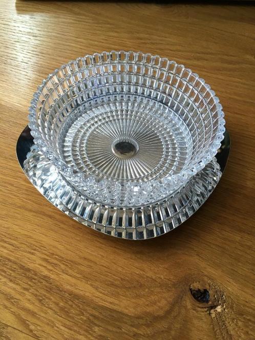 Vintage retro kristalglas schaaltje met RVS onderschotel, Antiek en Kunst, Antiek | Glas en Kristal, Ophalen of Verzenden