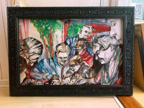 Familie / Groep / Team tafereel Gemengde techniek op papier, Antiek en Kunst, Kunst | Schilderijen | Modern, Ophalen