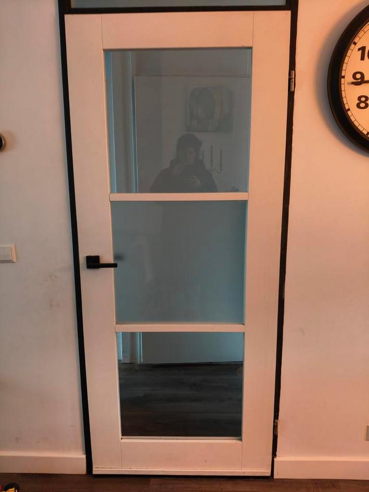 Mooie opdek binnendeur met helder glas en melk glas, Doe-het-zelf en Verbouw, Deuren en Horren, Gebruikt, Binnendeur, 200 tot 215 cm