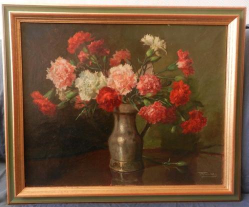 Olieverf Kan met anjers A. Funke Kupper 1869-1955 hxb 40x50, Antiek en Kunst, Kunst | Schilderijen | Klassiek, Ophalen of Verzenden