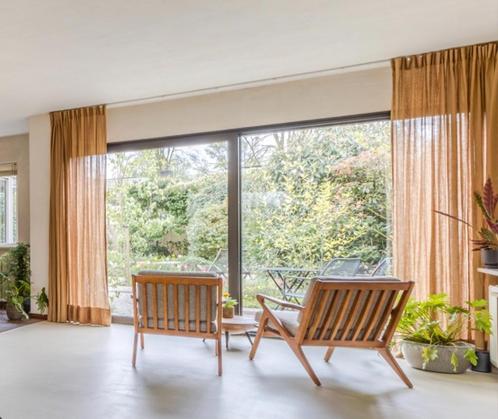 Mooie gordijnen 100% Linnen bruin beige, Huis en Inrichting, Stoffering | Gordijnen en Lamellen, Zo goed als nieuw, 200 cm of meer