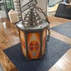 Antiek zeskantige hanglamp hallamp met gekleurd glas, Antiek en Kunst, Ophalen of Verzenden
