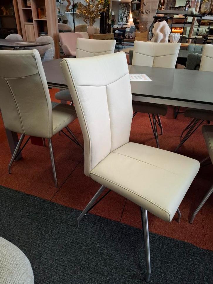 6 Nieuwe LEREN stoelen, Creme/Wit met RVS poot, Aline Habufa, Huis en Inrichting, Stoelen, Nieuw, Vijf, Zes of meer stoelen, Leer