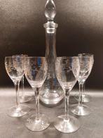Glazen Karaftje gegraveerd met 6 glaasjes, Verzamelen, Glas en Borrelglaasjes, Ophalen of Verzenden, Zo goed als nieuw, Borrel- of Shotglas