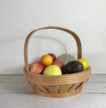 Vintage Franse spaan houten ronde mand met hengsel beschikbaar voor biedingen