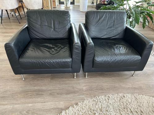 2 Stuks Zwart Lederen fauteuils, Huis en Inrichting, Fauteuils, Gebruikt, Leer, 75 tot 100 cm, 75 tot 100 cm, Ophalen