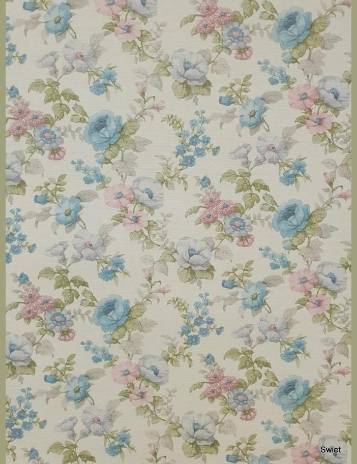 14039 Origineel oud behang bloemen pastel 60s vintage swiet, Huis en Inrichting, Stoffering | Behang, Blauw, Roze, minder dan 10 m²