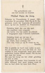 Mickel Hans de Jong 1961 Voorschoten + 1962 Voorschoten 1 jr, Verzamelen, Bidprentjes en Rouwkaarten, Verzenden