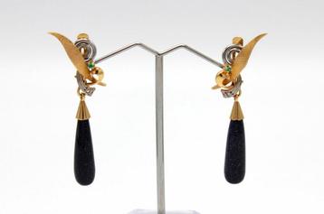 18 kt gouden oorbellen goudsteen, briljant, smaragd, vintage beschikbaar voor biedingen
