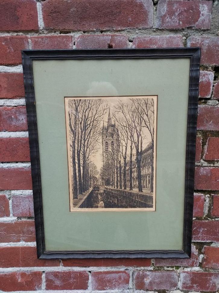 Antieke ets, Oude kerk te Delft., Antiek en Kunst, Kunst | Etsen en Gravures, Verzenden