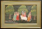 Indiase kunst: Gouache - Krishna met koe en harem, 43x72 cm, Ophalen of Verzenden