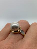 X714 Prachtige zilveren ring goudkleur parel maat 19, Sieraden, Tassen en Uiterlijk, Ringen, Met strass, 19 tot 20, Ophalen of Verzenden