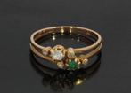 Smaragd met diamanten antieke 14k rose gouden dames ring, Ophalen of Verzenden, Goud, Ring, Met edelsteen