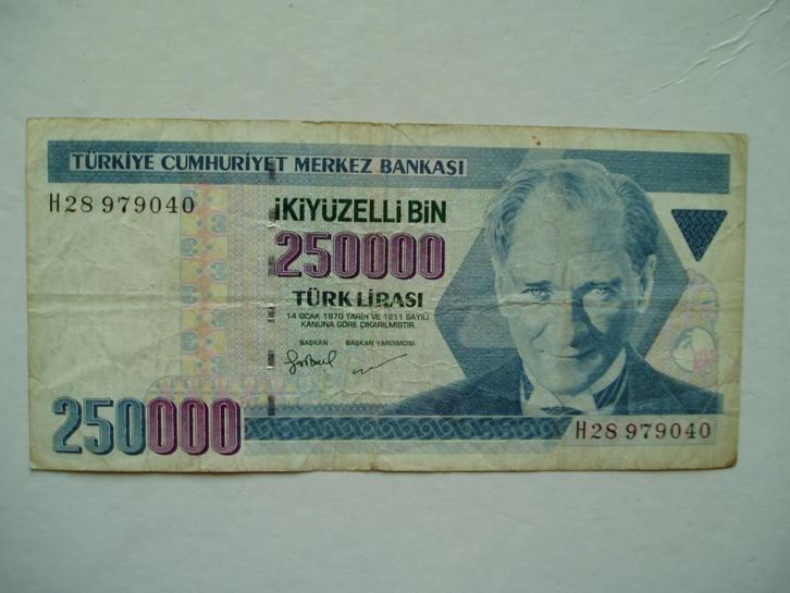 845. Turkije, 250.000 lirasi 1970(1998) Atatürk., Postzegels en Munten, Bankbiljetten | Azië, Los biljet, Midden-Oosten, Verzenden