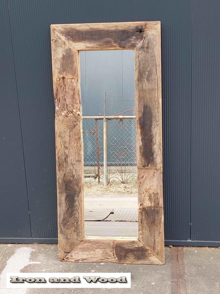 Grote oud eiken spiegel afm: 135x60 met wagonplanken lijst, Ophalen, 100 tot 150 cm, Nieuw, Rechthoekig