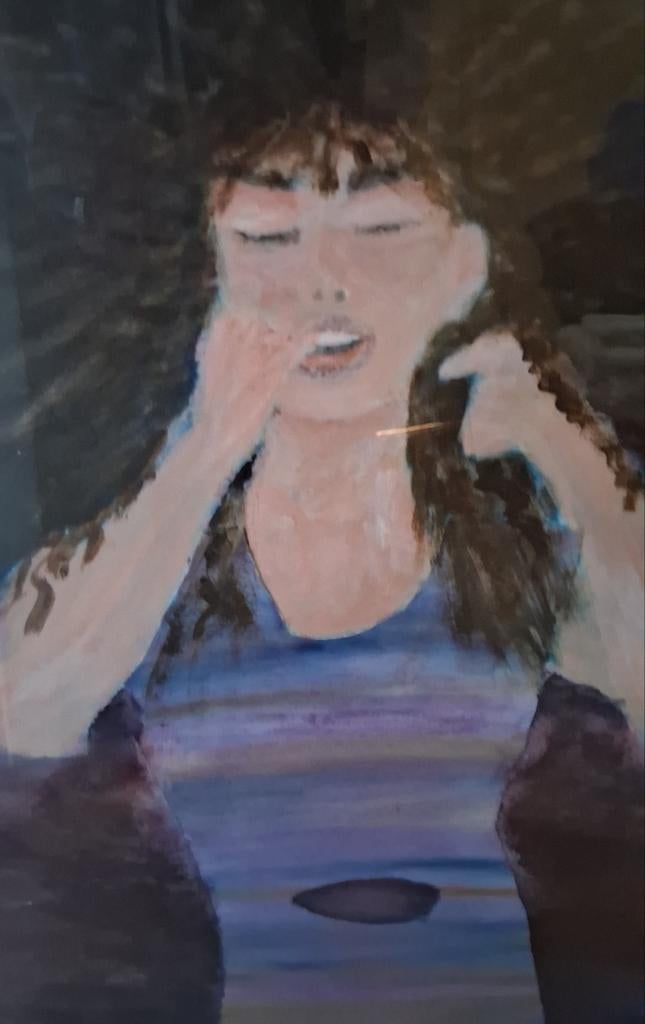 schilderij  lady in blue water aquarel gesigneerd, Ophalen of Verzenden, Zo goed als nieuw, Schilderij, 50 tot 75 cm