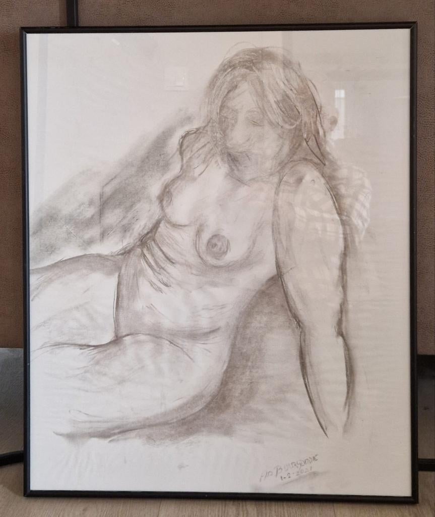 Houtskool tekening vrouwelijk naakt 50x60 cm, Ophalen