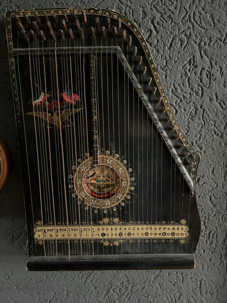 Antieke Citer met Amerikaanse Vlag en Adelaar Decoratie, Muziek en Instrumenten, Snaarinstrumenten | Overige, Ophalen, Gebruikt