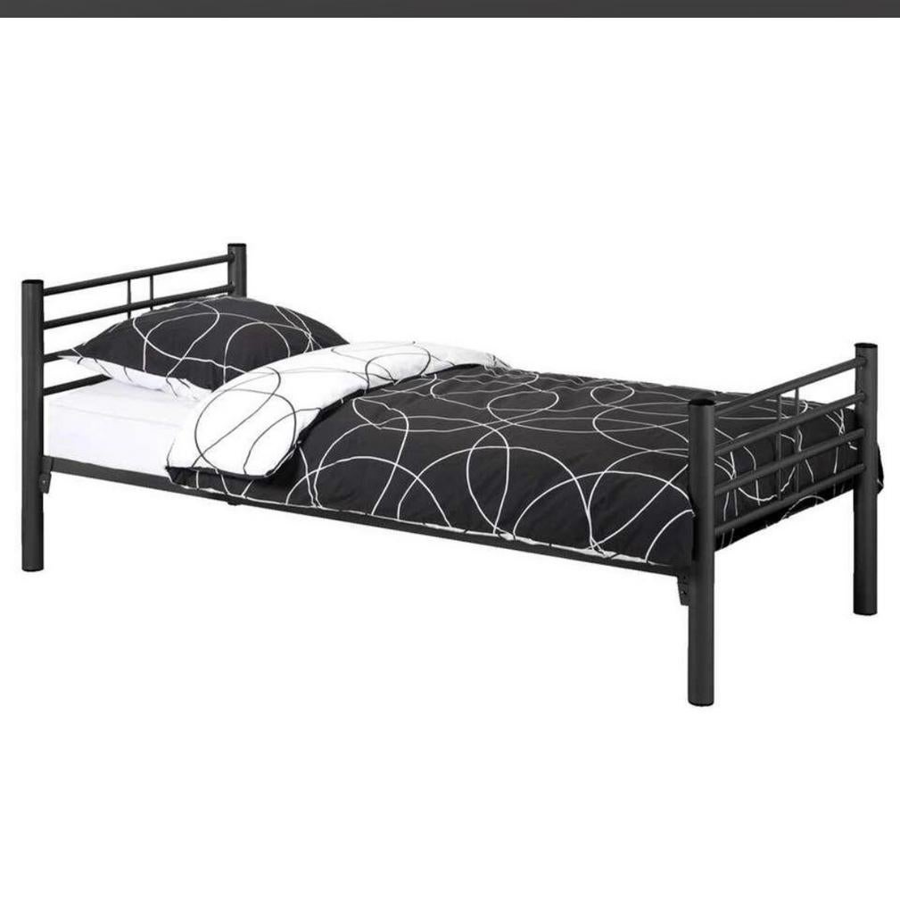 1 persoonsbed donkergrijs metaal inclusief matras z.g.a.n, Huis en Inrichting, Ophalen, 100 cm, Eenpersoons, 210 cm