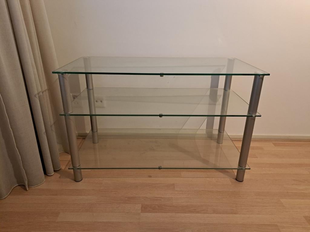 Glazen bijzettafel / audio meubel met 3 planken, Gebruikt, 55 tot 75 cm, Glas, Modern, Tijdloos