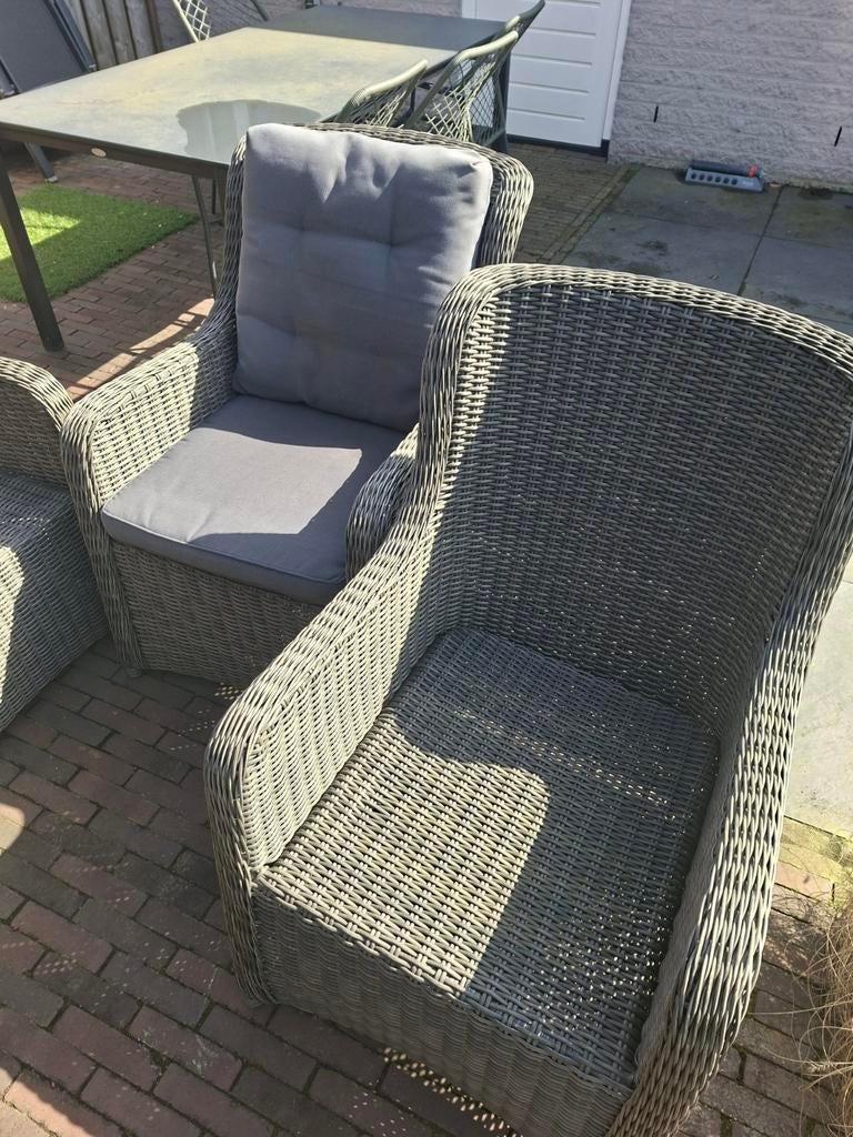 Wicker tuinstoelen met kussens, Tuin en Terras, Tuinsets en Loungesets, Gebruikt, Tuinset, Wicker, 4 zitplaatsen, Stoel, Ophalen