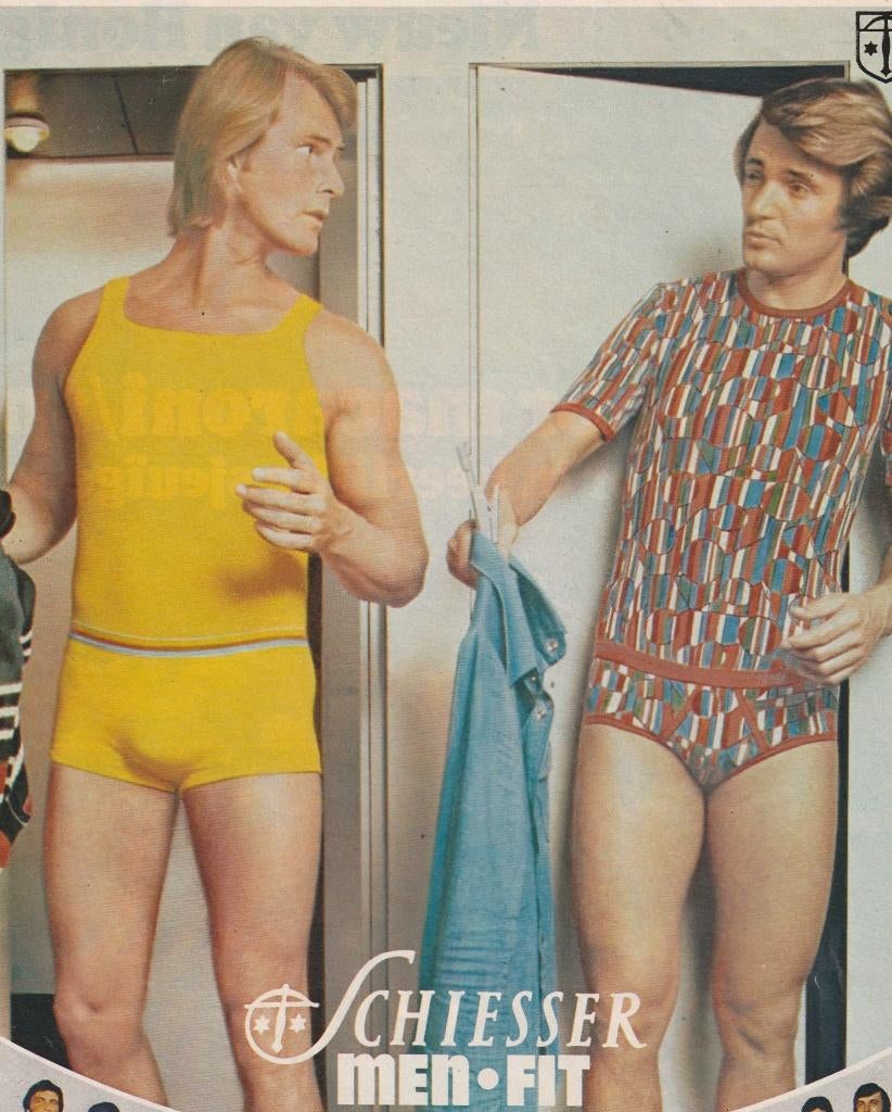 Retro reclame 1974 Schiesser heren ondergoed heel bont, Verzenden, Overige typen