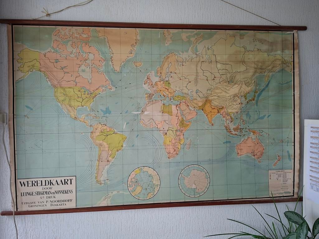 Vintage schoolkaart - wereldkaart, Antiek en Kunst, Antiek | Schoolplaten, Ophalen, Aardrijkskunde