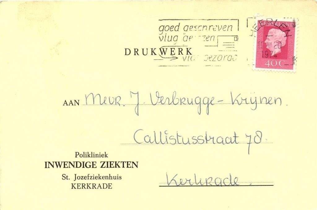 Polikliniek Inwendige Ziekten, Kerkrade - 03.1974 - drukwerk, Ophalen of Verzenden, Briefkaart