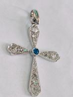 Antieke gouden kruis hangertje met saffier,  diamanten, Ophalen of Verzenden, Goud, Hanger, Met edelsteen