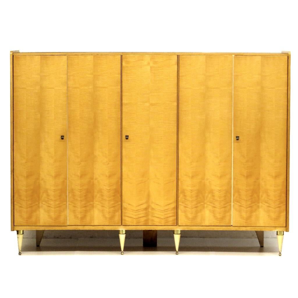 Grote vintage 5-deurs kledingkast in gevlamd esdoorn 1960s, Vintage, mid century, Design, Ophalen of Verzenden, Zo goed als nieuw