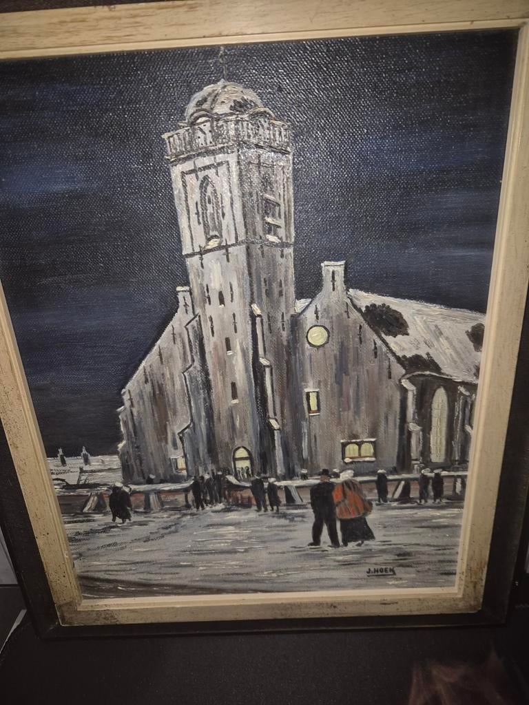 Schilderijtje van J HOEK WITTE KERKJE IN KATWIJK, Antiek en Kunst, Ophalen of Verzenden
