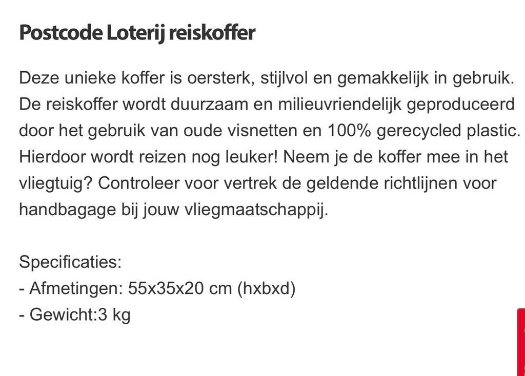 Postcode Loterij reiskoffer, Sieraden, Tassen en Uiterlijk, Koffers, 50 tot 60 cm, Hard kunststof, Nieuw, Ophalen of Verzenden