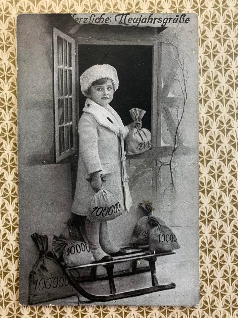 29-12-1920 Herzliche Neujahrsgrüsse - slee, zakjes geld (DD), Verzamelen, Ophalen of Verzenden, 1920 tot 1940, Gelopen, Feest(dag)