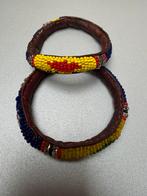 2 African beaded leather bangles, bracelets., Ophalen of Verzenden, Zo goed als nieuw, Leer