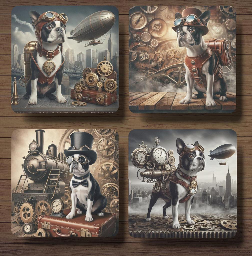 Boston Terriër Steampunk onderzetters met houder, Ophalen of Verzenden, Nieuw, Glas of Kopje