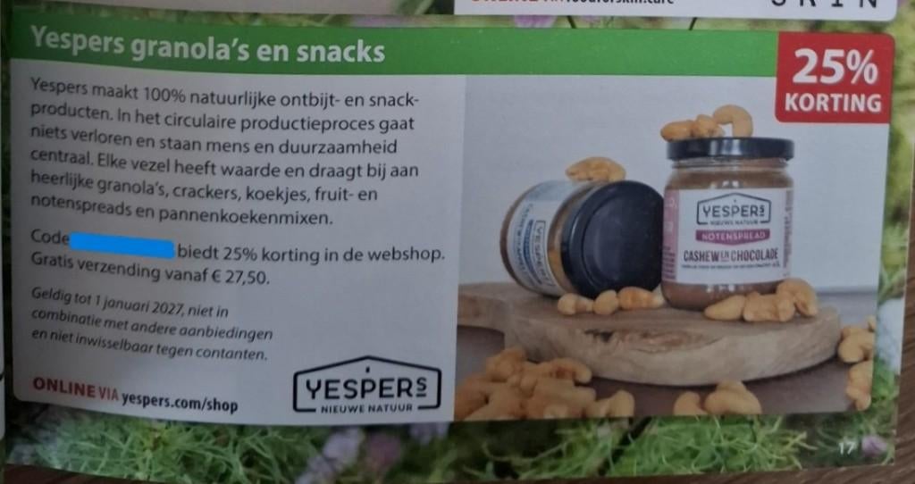 Yespers granola's en snacks 25% kortingscode, Eén persoon, Kortingsbon, Overige typen