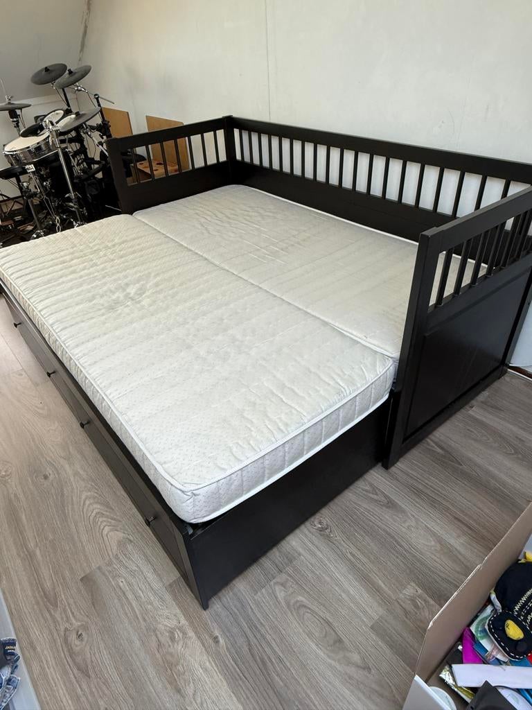 IKEA HEMNES Tweepersoonsbed - Uitschuifbaar met lades, Ophalen, Zwart, Tweepersoons, 200 cm