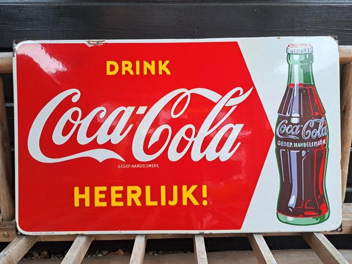 Emaille reclame , emaille reclamebord Coca cola langcat, Verzamelen, Merken en Reclamevoorwerpen, Gebruikt, Reclamebord, Ophalen
